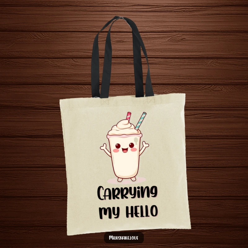 Funny Tote Bag featuring a joyful Kawaii milkshake character waving cheerfully with its straw, perfect for errands.