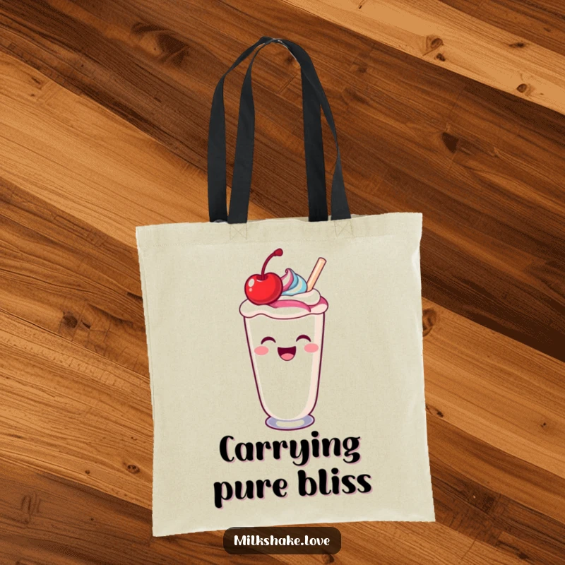 Funny laughing kawaii milkshake with a cherry spilling a colorful swirl, a stylish and funny tote bag.