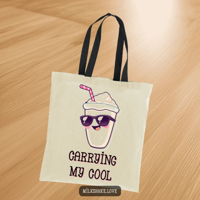 Funny kawaii milkshake character with a wide grin and sunglasses, a stylish and functional tote bag design.