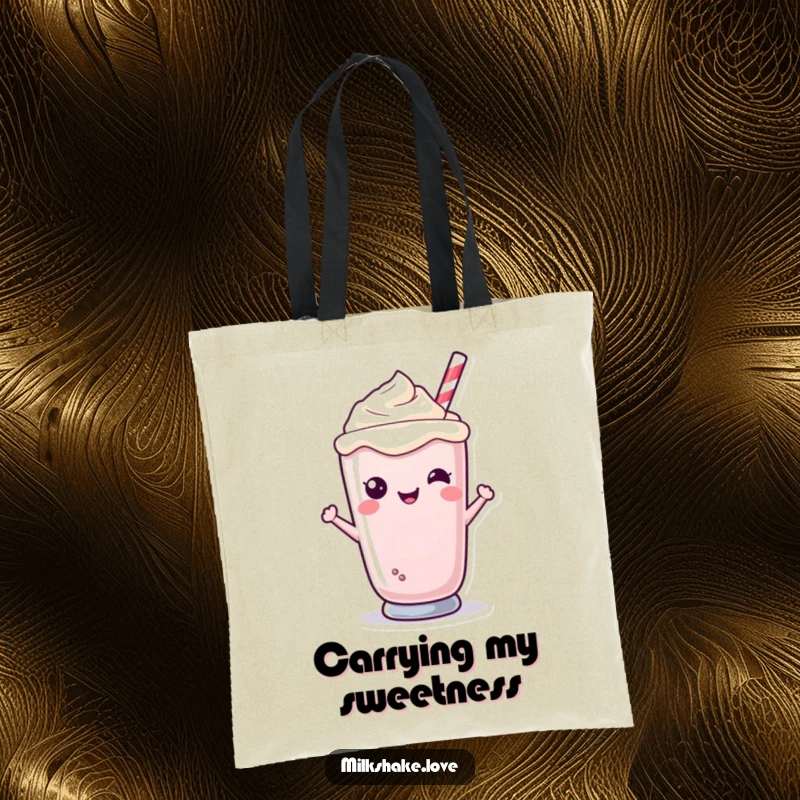 Funny Kawaii milkshake character smiling from a glass, durable canvas, perfect for shopping or carrying daily items.