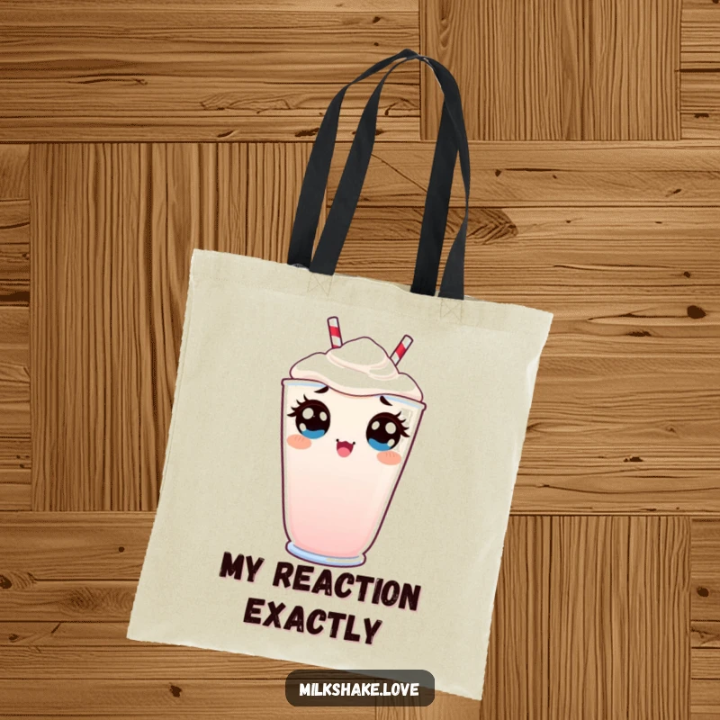 Funny Tote Bag showcasing a Kawaii milkshake peeking over the edge with wide, surprised eyes, perfect for a humorous touch.
