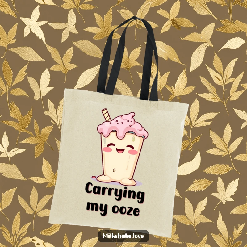 Funny melting milkshake with a goofy grin slumping happily, printed on a durable tote bag. A functional and humorous accessory.