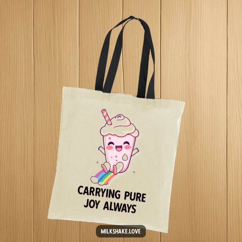 Funny milkshake character sliding down a rainbow, printed on a durable tote bag, perfect for carrying smiles.