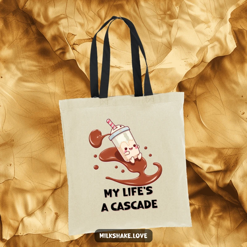 Funny tote bag depicting a milkshake sliding down a chocolate syrup stream, perfect for carrying essentials with flair.