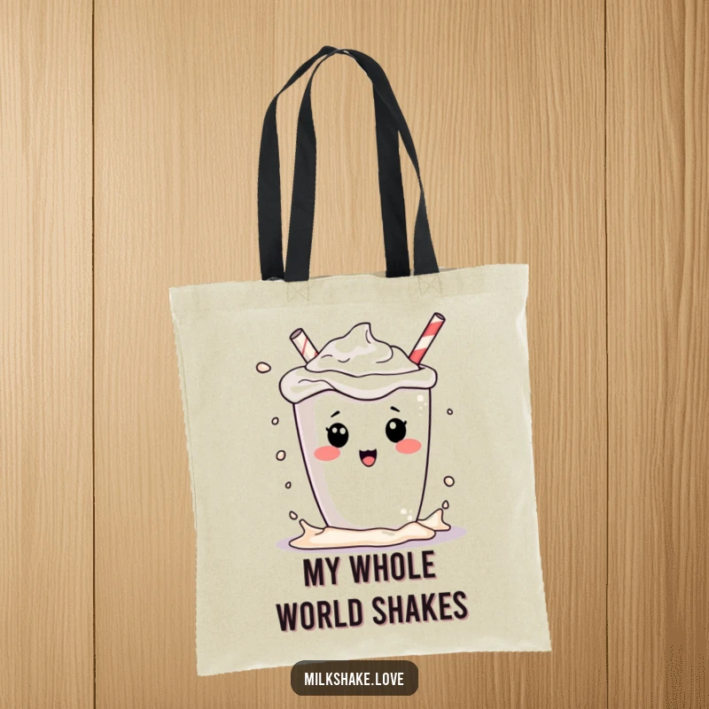 Funny kawaii milkshake character playfully splashing its contents, on a practical and funny tote bag, a fun gift.