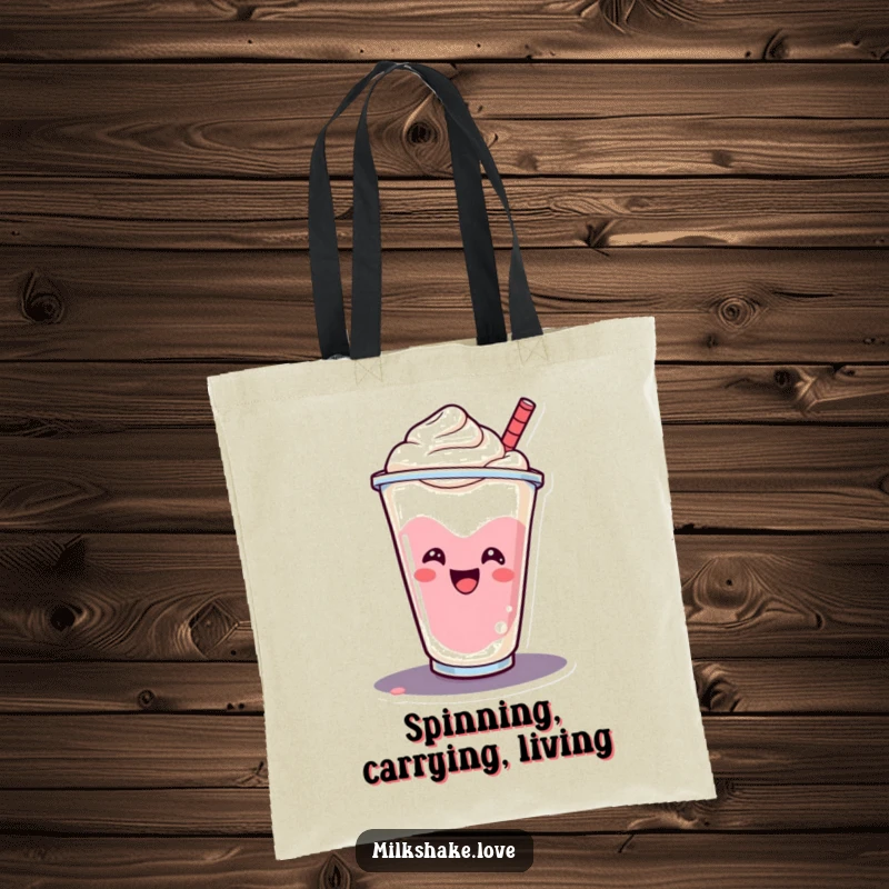 Funny smiling milkshake cup doing a cheerful spin, showcased on a durable tote bag.