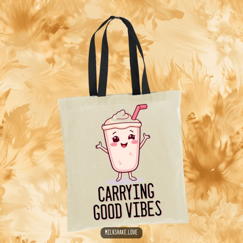Funny Smiling Milkshake Tote Bag showing a happy dancing milkshake with a straw, ideal for practical and fun use.