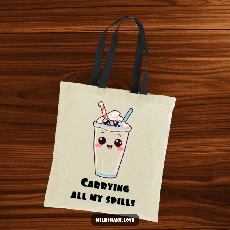 Funny anthropomorphic milkshake with silly eyes in the process of tipping over, a comical and functional tote bag design.