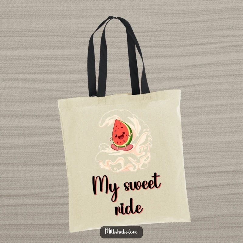 Funny Watermelon Surf Tote Bag depicting a happy watermelon slice riding a whipped cream wave, ideal for carrying essentials in style.