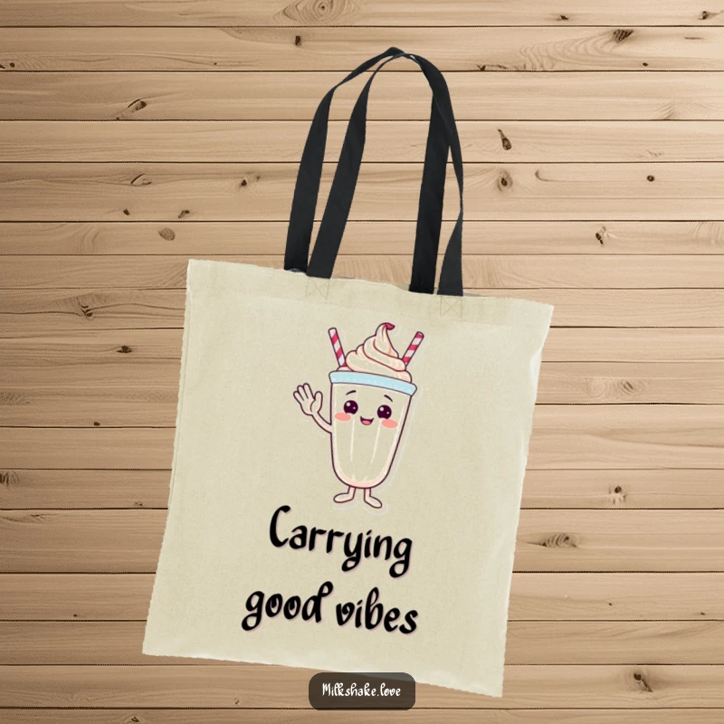 Funny tote bag with a milkshake character waving hello, topped with cheerful whipped cream.