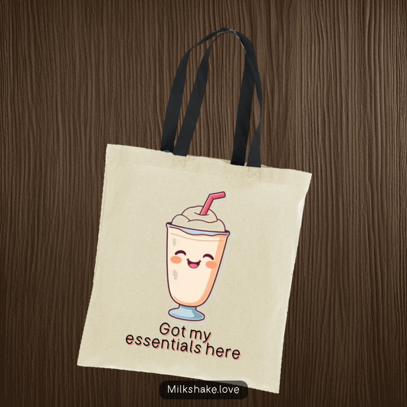 A cute milkshake with a straw giving a cheerful wink adorns this durable and funny tote bag.