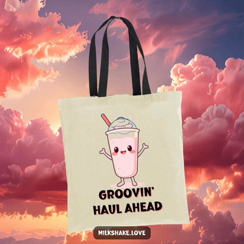 Funny Tote Bag featuring a joyful Kawaii milkshake character doing a silly dance with its lid, perfect for carrying essentials.
