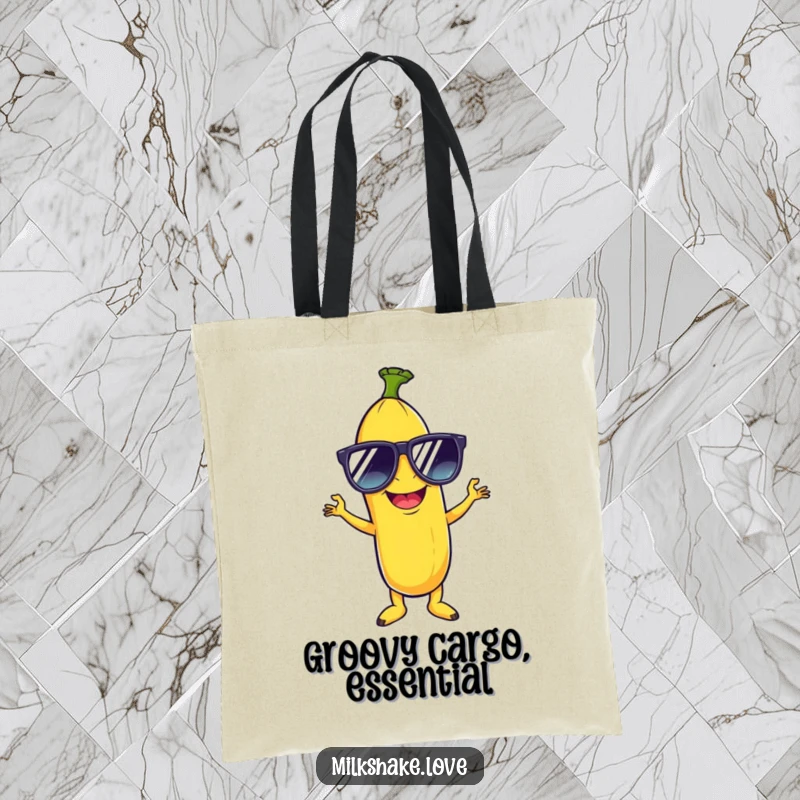 Funny tote bag featuring a giggling banana in trendy oversized sunglasses, striking a classic disco pose with a cool attitude.