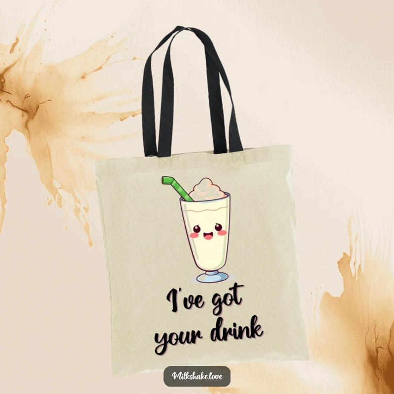 Funny kawaii milkshake tote bag with a cute glass enthusiastically offering a giant straw, a practical and humorous accessory for outings.