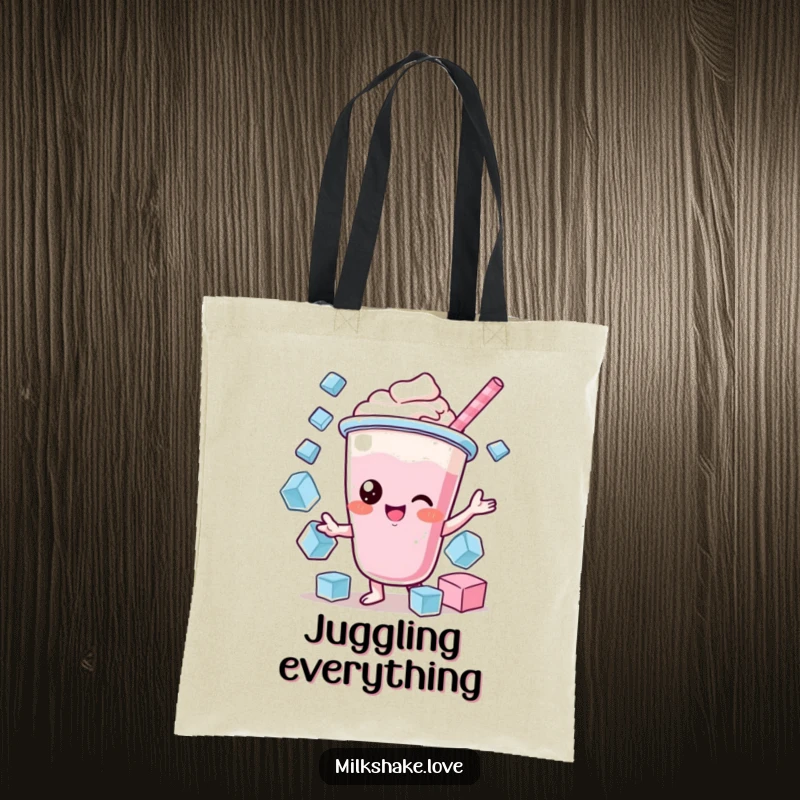 Funny Kawaii Milkshake Tote Bag: A kawaii milkshake character juggling ice cubes, perfect for carrying essentials humorously.