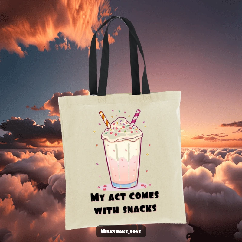 Funny milkshake tote bag with a bubbly drink juggling tiny sprinkles with its surface, great for a fun present.