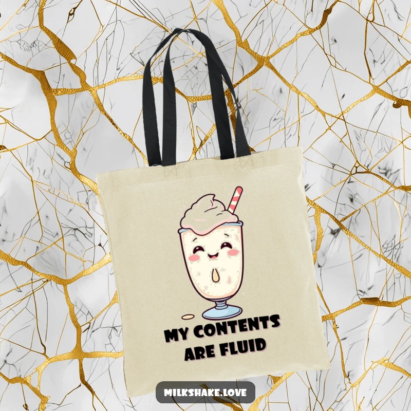 Funny Kawaii Milkshake Tote Bag featuring a giggling character spilling a drop, eco-friendly and stylish, great for shopping.