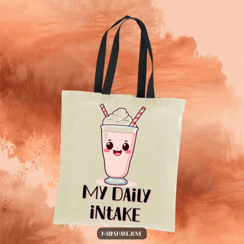Funny Kawaii Milkshake Tote Bag: A kawaii milkshake character with a big smile taking a big sip, perfect for humorous carrying.